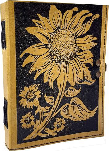 دفتر كتابة مجلة جلد عباد الشمس العتيق منقوش جميل للاستخدام اليومي كتاب الظلال فارغ أصفر مع أسود غير مبطن كراسة رسم للسفر مع قفل هدية يوميات للنساء 7 × 5 بوصة in Kuwait