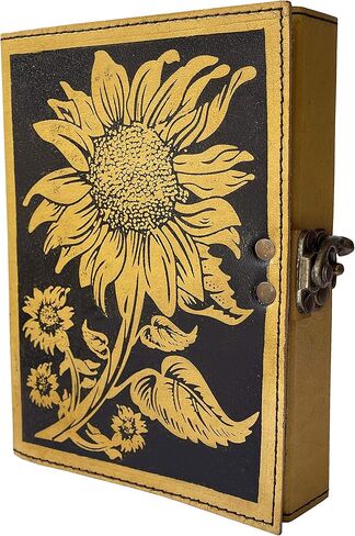 دفتر كتابة مجلة جلد عباد الشمس العتيق منقوش جميل للاستخدام اليومي كتاب الظلال فارغ أصفر مع أسود غير مبطن كراسة رسم للسفر مع قفل هدية يوميات للنساء 7 × 5 بوصة in Kuwait