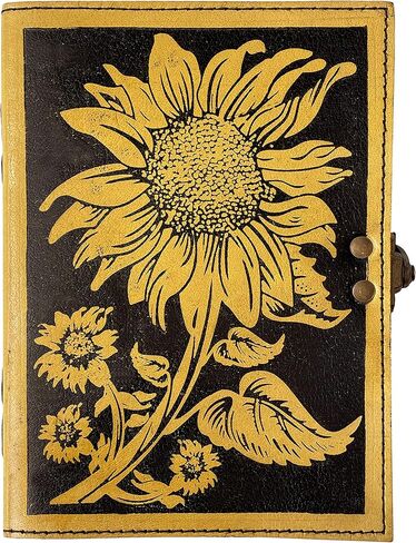 دفتر كتابة مجلة جلد عباد الشمس العتيق منقوش جميل للاستخدام اليومي كتاب الظلال فارغ أصفر مع أسود غير مبطن كراسة رسم للسفر مع قفل هدية يوميات للنساء 7 × 5 بوصة in Kuwait