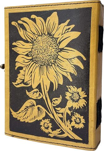 دفتر كتابة مجلة جلد عباد الشمس العتيق منقوش جميل للاستخدام اليومي كتاب الظلال فارغ أصفر مع أسود غير مبطن كراسة رسم للسفر مع قفل هدية يوميات للنساء 7 × 5 بوصة in Kuwait