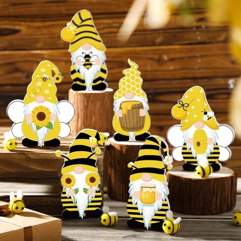 6 Pcs Bee Sunflower Gnome Wooden Sign Honeybee Gnome Wooden Freestanding Table Decor Double Printed Gnome Tabletop Centerpiece Ornament Decoration for Summer Beach Home Office Party in Saudi Arabia