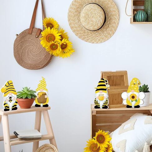 6 Pcs Bee Sunflower Gnome Wooden Sign Honeybee Gnome Wooden Freestanding Table Decor Double Printed Gnome Tabletop Centerpiece Ornament Decoration for Summer Beach Home Office Party in Saudi Arabia