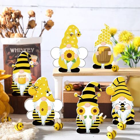 6 Pcs Bee Sunflower Gnome Wooden Sign Honeybee Gnome Wooden Freestanding Table Decor Double Printed Gnome Tabletop Centerpiece Ornament Decoration for Summer Beach Home Office Party in Saudi Arabia
