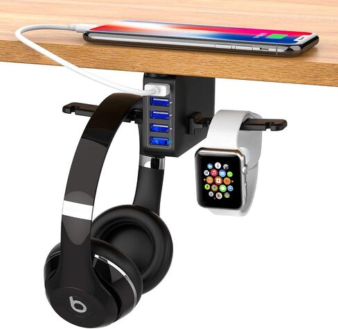 Headphone Stand Under Desk 5 USB QC 3.0 Quick Charger Rack Headset Hook Holder Hanger Mount Station(8A/40W), Pc Gaming Headsets Switch Earphone Wire Organizer Adapter in Saudi Arabia