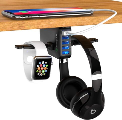 Headphone Stand Under Desk 5 USB QC 3.0 Quick Charger Rack Headset Hook Holder Hanger Mount Station(8A/40W), Pc Gaming Headsets Switch Earphone Wire Organizer Adapter in Saudi Arabia