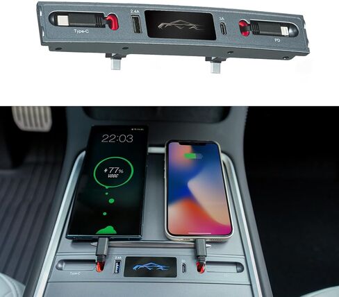 محور وشاحن USB 2 في 1 من Tesla مع كابلات Lightning وType C للشحن السريع والقابلة للسحب لـ Tesla 2021 2022 2023 2024 Model 3 & Y، محطة إرساء، تخزين مدمج in Kuwait