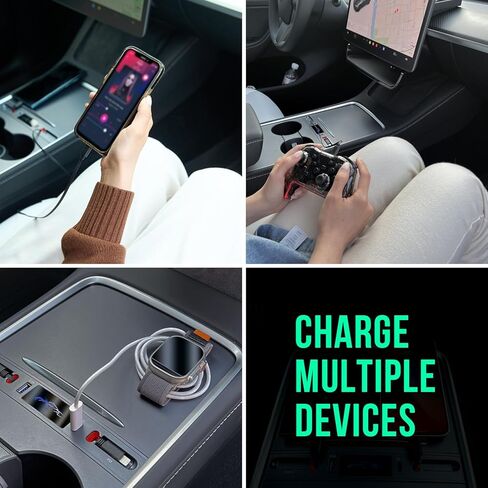 محور وشاحن USB 2 في 1 من Tesla مع كابلات Lightning وType C للشحن السريع والقابلة للسحب لـ Tesla 2021 2022 2023 2024 Model 3 & Y، محطة إرساء، تخزين مدمج in Kuwait