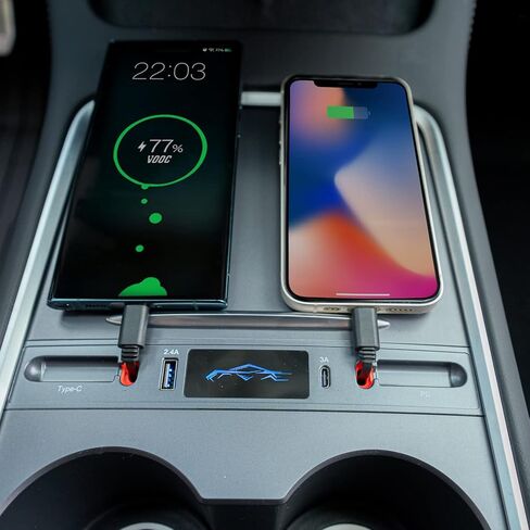 محور وشاحن USB 2 في 1 من Tesla مع كابلات Lightning وType C للشحن السريع والقابلة للسحب لـ Tesla 2021 2022 2023 2024 Model 3 & Y، محطة إرساء، تخزين مدمج in Kuwait