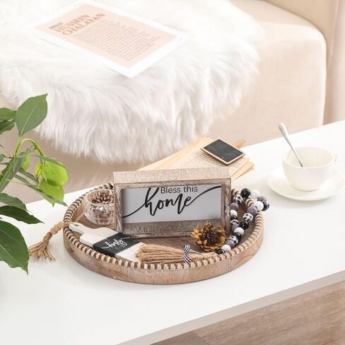 Round Trays Home Decor Decorative Trays for Coffee Table Farmhouse Vintage Beaded Tray for Kitchen Counter Living Room Countertop Centerpiece Display in Kuwait