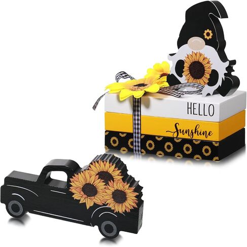 5 Pieces Sunflower Tiered Tray Decor, 3 Mini Faux Decorative Books Bundle with Twine Sunflower and Hello Sunshine, Rustic Truck Gnome Wooden Fake Book Yellow White Black Decor for Table Mantel Decor in Saudi Arabia