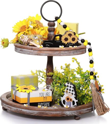 5 Pieces Sunflower Tiered Tray Decor, 3 Mini Faux Decorative Books Bundle with Twine Sunflower and Hello Sunshine, Rustic Truck Gnome Wooden Fake Book Yellow White Black Decor for Table Mantel Decor in Saudi Arabia