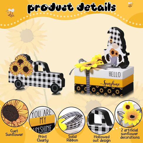 5 Pieces Sunflower Tiered Tray Decor, 3 Mini Faux Decorative Books Bundle with Twine Sunflower and Hello Sunshine, Rustic Truck Gnome Wooden Fake Book Yellow White Black Decor for Table Mantel Decor in Saudi Arabia