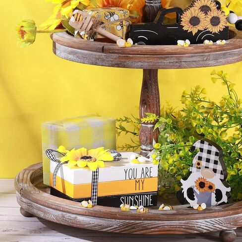 5 Pieces Sunflower Tiered Tray Decor, 3 Mini Faux Decorative Books Bundle with Twine Sunflower and Hello Sunshine, Rustic Truck Gnome Wooden Fake Book Yellow White Black Decor for Table Mantel Decor in Saudi Arabia
