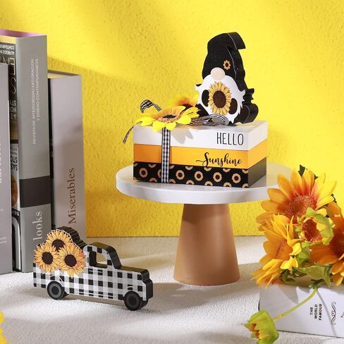 5 Pieces Sunflower Tiered Tray Decor, 3 Mini Faux Decorative Books Bundle with Twine Sunflower and Hello Sunshine, Rustic Truck Gnome Wooden Fake Book Yellow White Black Decor for Table Mantel Decor in Saudi Arabia