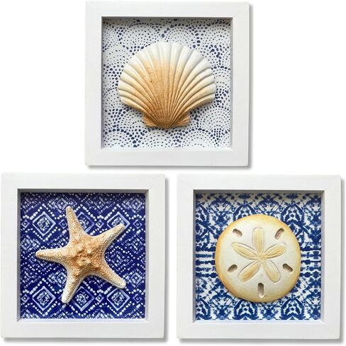 Salty Sisters Coastal, Beach Wall Decor - Ocean/Nautical Theme Sea Shell and Starfish Art Decorations for Bathroom, Home, Office, Bedroom or Living Room, Set of 3 (6"x 6"), Blue and White Decor in Saudi Arabia