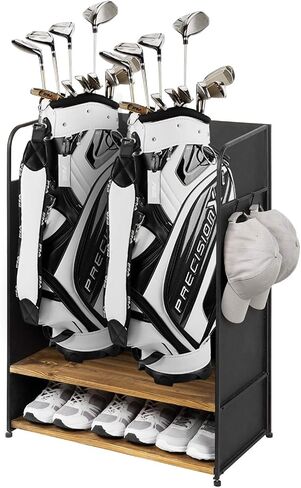 MyGift Deluxe Matte Black Metal Golf Bag Organizer with 2 Tier Burnt Wood Shelf for 2 Golf Bags, Shoes, Equipment and Hooks for Hat and Towels in Saudi Arabia