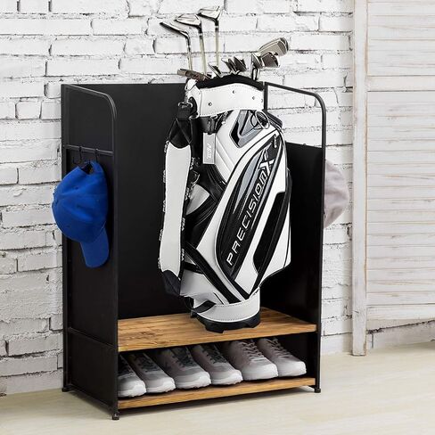 MyGift Deluxe Matte Black Metal Golf Bag Organizer with 2 Tier Burnt Wood Shelf for 2 Golf Bags, Shoes, Equipment and Hooks for Hat and Towels in Saudi Arabia