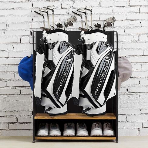 MyGift Deluxe Matte Black Metal Golf Bag Organizer with 2 Tier Burnt Wood Shelf for 2 Golf Bags, Shoes, Equipment and Hooks for Hat and Towels in Saudi Arabia