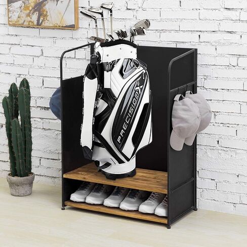 MyGift Deluxe Matte Black Metal Golf Bag Organizer with 2 Tier Burnt Wood Shelf for 2 Golf Bags, Shoes, Equipment and Hooks for Hat and Towels in Saudi Arabia
