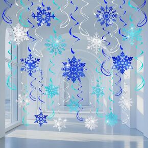 36 Pcs Blue Teal Silver Glitter Snowflake Hanging Swirls Decoration Christmas Holiday Ceiling Decorative Streamers Snowflake Ornaments Garland Winter Wonderland Frozen Party Supplies