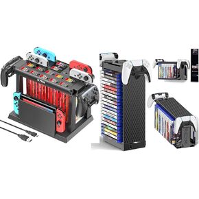 Gaming Accessories Kits: Switch Games Organizer Station with Controller Charger & Video Game Storage Tower Holder with Controller Stand - 1 Tier