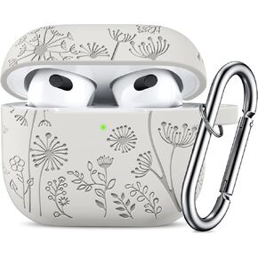 Lerobo for AirPod Case 3rd Generation Cover with Keychain Accessories, Flower Engraved Case Silicone Skin Cover Compatible with Apple AirPod 3rd Generation Case Full Protection, Front LED Visible