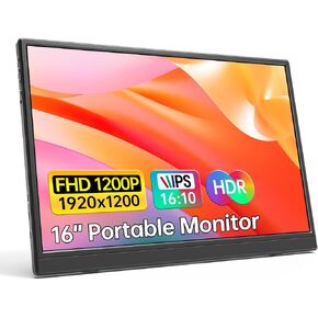 Portable Monitor 16.0inch FHD 1920 * 1200P USB C HDMI Ultra-Slim IPS Travel Display w/Smart Cover & Speakers, HDR Plug&Play, External Monitor for Laptop PC, Phone,Mac