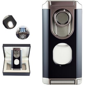 5-in-1 Cigar Lighter Built-in Cigar Punch, Holder, Cigar Draw Enhancer,Cigar Torch Lighter,3 Jet Flame Refillable Windproof Butane Lighters for Men Gift,Silver(Butane not Included)