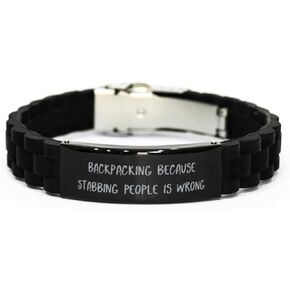 Backpacking Because. Black Glidelock Clasp Bracelet, Backpacking Engraved Bracelet, Useful Gifts For Backpacking from Friends