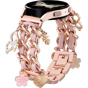 فرقة معدنية أنيقة متوافقة مع Samsung Galaxy Watch 7 Band/Fe 6 5 4 40mm 44mm ، Galaxy Active 2 ، 20mm Watch Strap سلسلة جميلة مع إكسسوارات سحر زخرفية لطيفة لفرق سامسونج ووتش نساء
