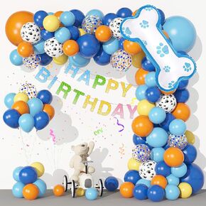 128Pcs Blue Birthday Party Supplies Balloons Garland Kit, Blue Orange Yellow White Bone Dog Paw Balloons Arch Banner for Baby Shower Girls and Boys Blue Theme Happy Birthday Party Decorations