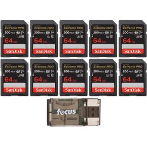 SanDisk 64GB Extreme Pro SDXC UHS-I Memory Card (10-Pack) with High Speed USB Card Reader Bundle (11 Items)
