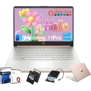 HP Student Business Laptop Computer - w/Microsoft Office Lifetime & Free CD/DVD Drive • 16GB RAM • 128GB eMMC & 256GB Extend Micro SD • Intel 4-Core Processor • HD Display • Win11 Pro(Silver)