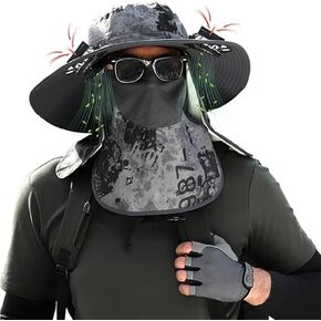 2025 Wide Brim Sun Hat with 2 Solar Fan,Grey Fishing Hat with Removable Neck Cap and Face Mask,Sun Bucket Hat for Men or Women Fishing Outdoor Hiking Camping Gift for Father Husband Boyfriend