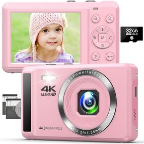 4K 44MP Digital Camera – UHD Digital Cameras for Kids, Teens, Boys & Girls, Featuring 16X Digital Zoom and 32GB SD Card for Photography