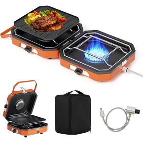 Adjustable 2 Burner Popane Stove with 16000 BTU, Flameout Protection, with Camping Grill and Carrying Bag, Portable Camping Stove for Camping, Backyard BBQ,Tailgating (Orange)