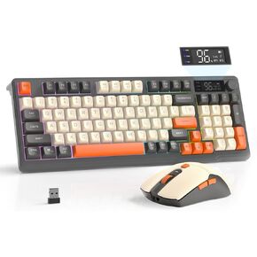 T96 Smart Display Wireless Gaming Keyboard and Mouse Comb, 94Key LED Lighting Rechargeable Silent Membrane Keyboard with Knobs, 2000mAh Battery, 6-Button 4KDPI Mouse for Win/Mac(Glimmer)