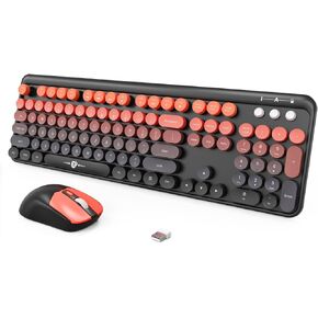 FOPETT Wireless Keyboard and Mouse Combo, 104 Keys Full-Sized 2.4 GHz Dropout-Free Connection, Round Keycap Colorful Keyboards for PC, Mac, Windows, Laptop, Desktop - Black Orange