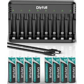Dlyfull Rechargeable AA Batteries with Charger, 8 Pack of 2800mAh High Capacity Low Self Discharge Ni-MH Double A Batteries with 8 Bay AA AAA Battery Charger