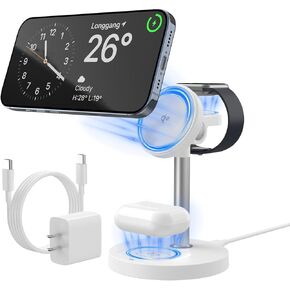 3 in 1 Wireless Charging Station Qi2 Mag-Safe Charger for Apple, 15W Fast Wireless Charger Stand for iPhone 16/15/14/13/12, Watch Fast Charger, Magnetic Charger for AirPods