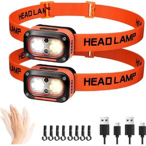 DARKBEAM LED Headlamp High Lumens USB Rechargeable Dual Light Headlight for Hardhat with Motion Sensor, Red Warning Light Up/Down Adjustable, Waterproof Head Lamps for Camping, Car Maintenance, 2 Pack