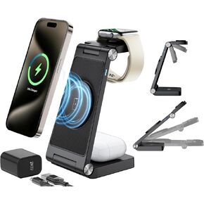 محطة شحن لاسلكية 3 في 1 من ANNNWZZD لشاحن هاتف Apple MagSafe ومحطة شحن للساعة لهواتف iPhone، حامل شاحن لاسلكي iPhone متوافق مع iPhone/Apple Watch/AirPods