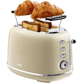 شريحة Toaster Retro 2 ، محمصة بيضاء عتيقة مع غطاء ، مع مرفق الخبز ، مسخن ، ضئيل وإلغاء وظائف ، 6 مستويات بنية (بيج)