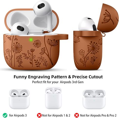 Lerobo for AirPod Case 3rd Generation Cover with Keychain Accessories, Flower Engraved Case Silicone Skin Cover Compatible with Apple AirPod 3rd Generation Case Full Protection, Front LED Visible in Saudi Arabia