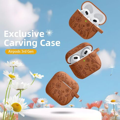 Lerobo for AirPod Case 3rd Generation Cover with Keychain Accessories, Flower Engraved Case Silicone Skin Cover Compatible with Apple AirPod 3rd Generation Case Full Protection, Front LED Visible in Saudi Arabia