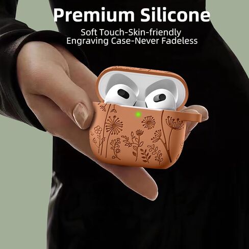 Lerobo for AirPod Case 3rd Generation Cover with Keychain Accessories, Flower Engraved Case Silicone Skin Cover Compatible with Apple AirPod 3rd Generation Case Full Protection, Front LED Visible in Saudi Arabia