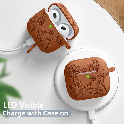 Lerobo for AirPod Case 3rd Generation Cover with Keychain Accessories, Flower Engraved Case Silicone Skin Cover Compatible with Apple AirPod 3rd Generation Case Full Protection, Front LED Visible in Saudi Arabia