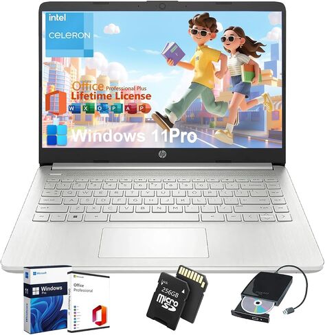 HP Student Business Computer - W/Microsoft Office Lifetime & Free CD/DVD Drive • 16GB RAM • 128GB EMMC & 256GB Extension Micro SD • Intel 4 -Core Processor • HD Display • Win11 Pro (Silver) in Kuwait