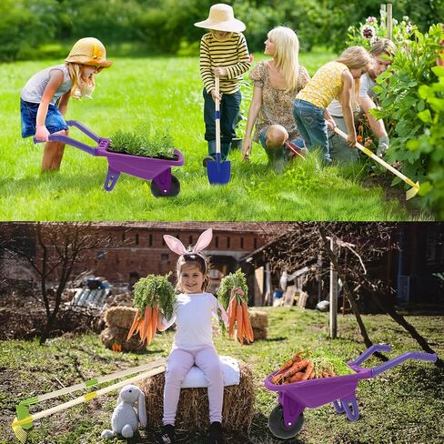 Qtioucp Kids Gardening Set with Wheelbarrow, Real Metal Garden Tools for Kids Ages 3-8, 4 Long Handle Tools, 3 Hand Tool, Gloves, 5 Stickers, Handbook, Outdoor Backyard Toys for Toddler Gift in Kuwait