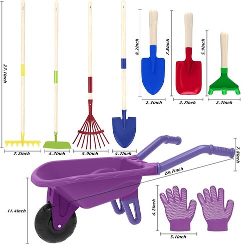 Qtioucp Kids Gardening Set with Wheelbarrow, Real Metal Garden Tools for Kids Ages 3-8, 4 Long Handle Tools, 3 Hand Tool, Gloves, 5 Stickers, Handbook, Outdoor Backyard Toys for Toddler Gift in Kuwait